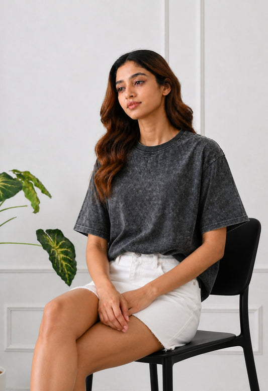 Black Acidwash Tshirt For Women