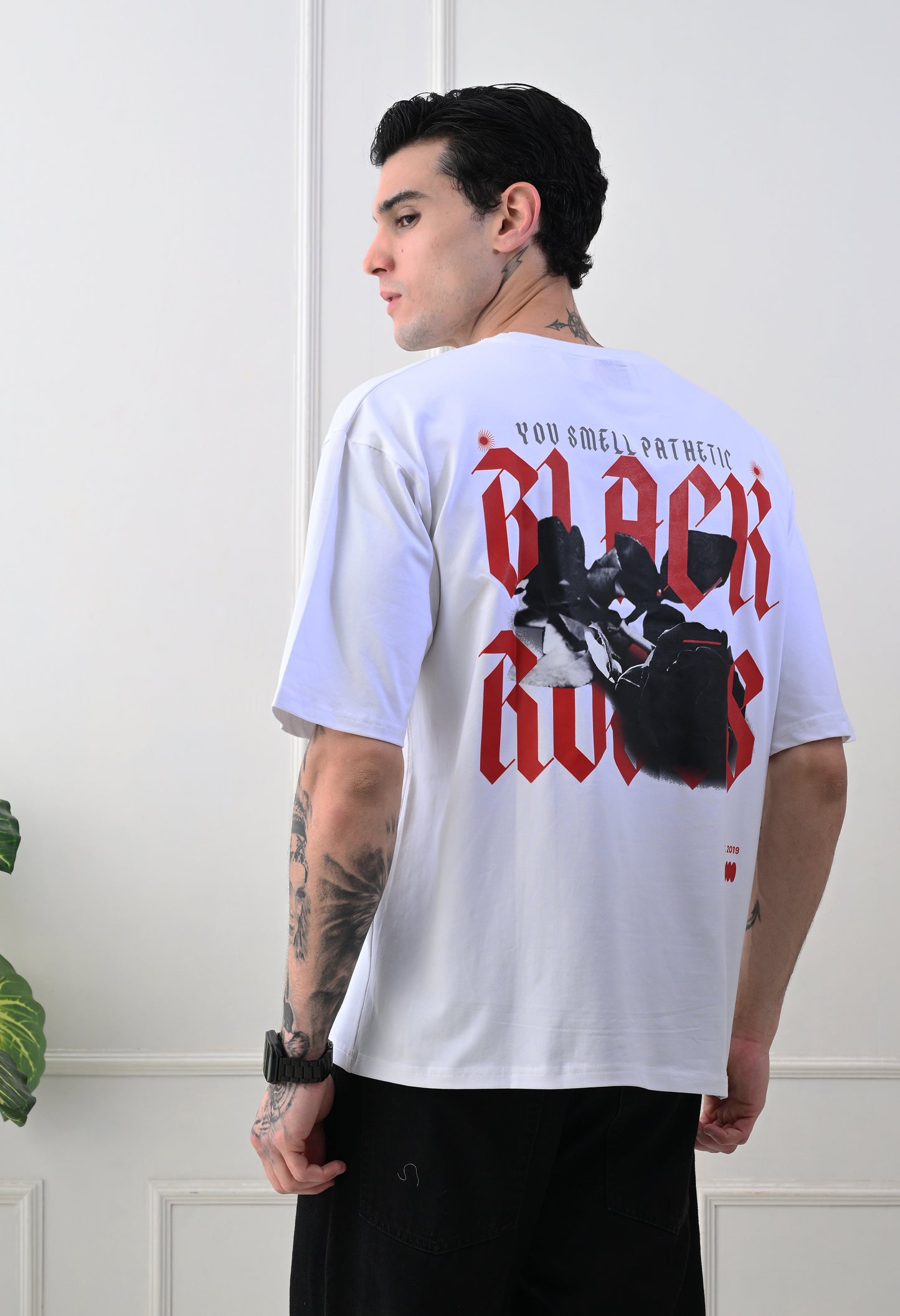 Black Rose Printed White Oversized T-shirt