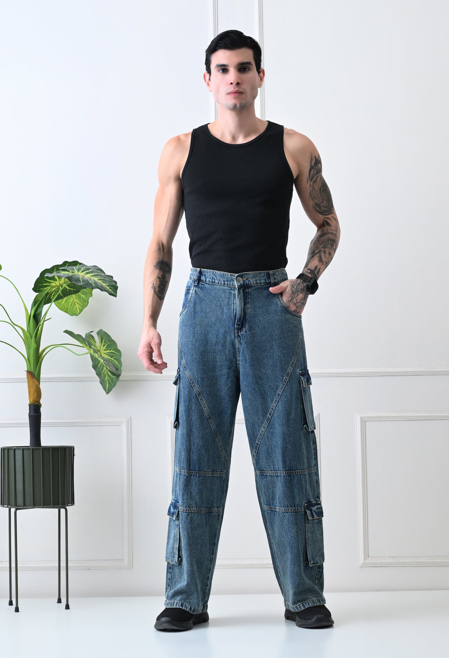 Panelled Cargo Wide-Leg Denim Jeans