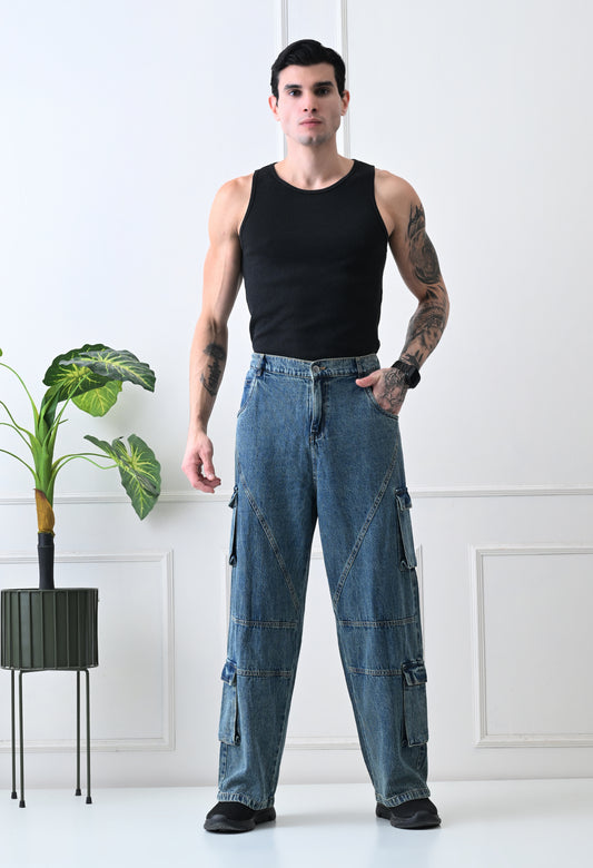 Panelled Cargo Wide-Leg Denim Jeans