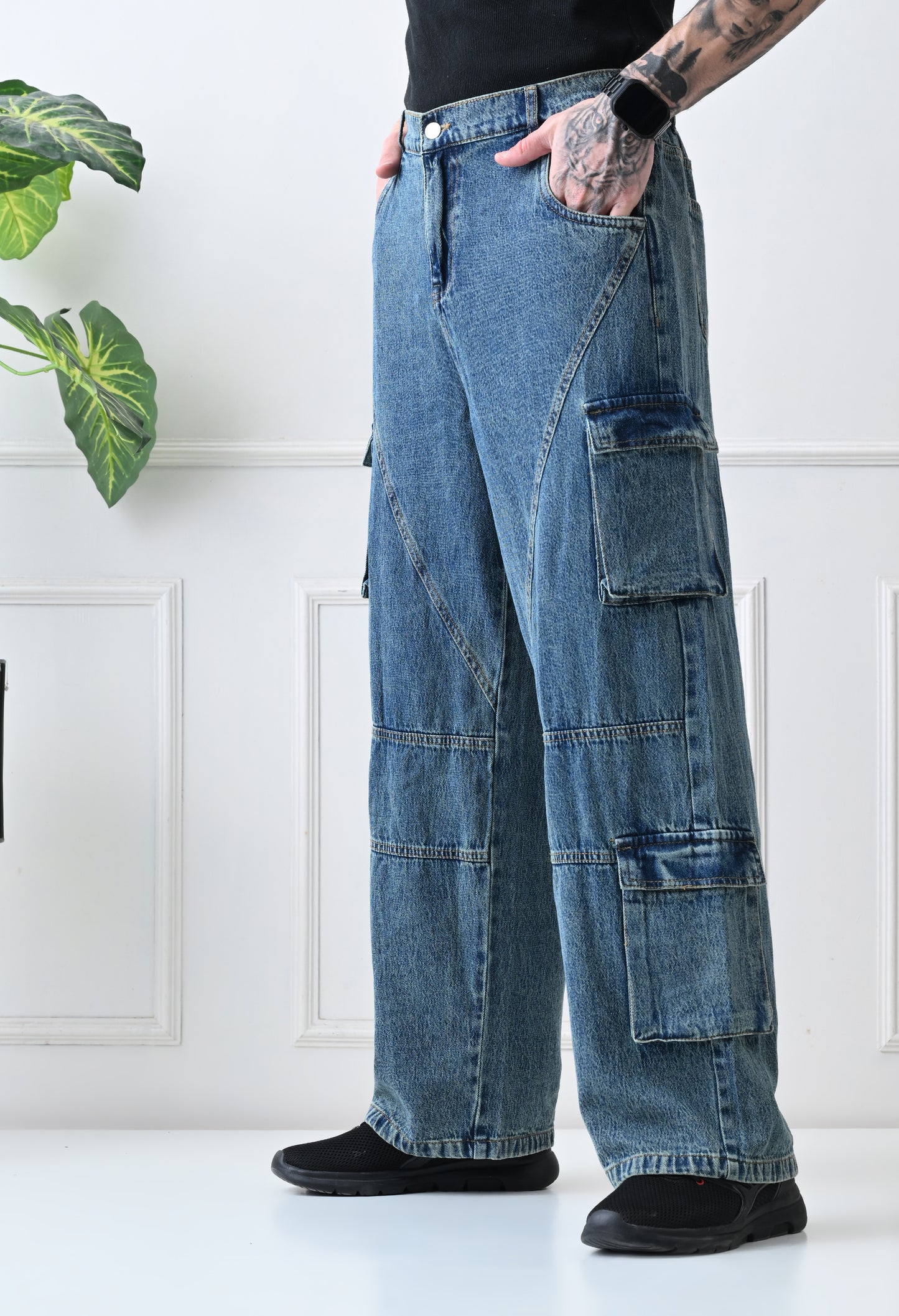 Panelled Cargo Wide-Leg Denim Jeans
