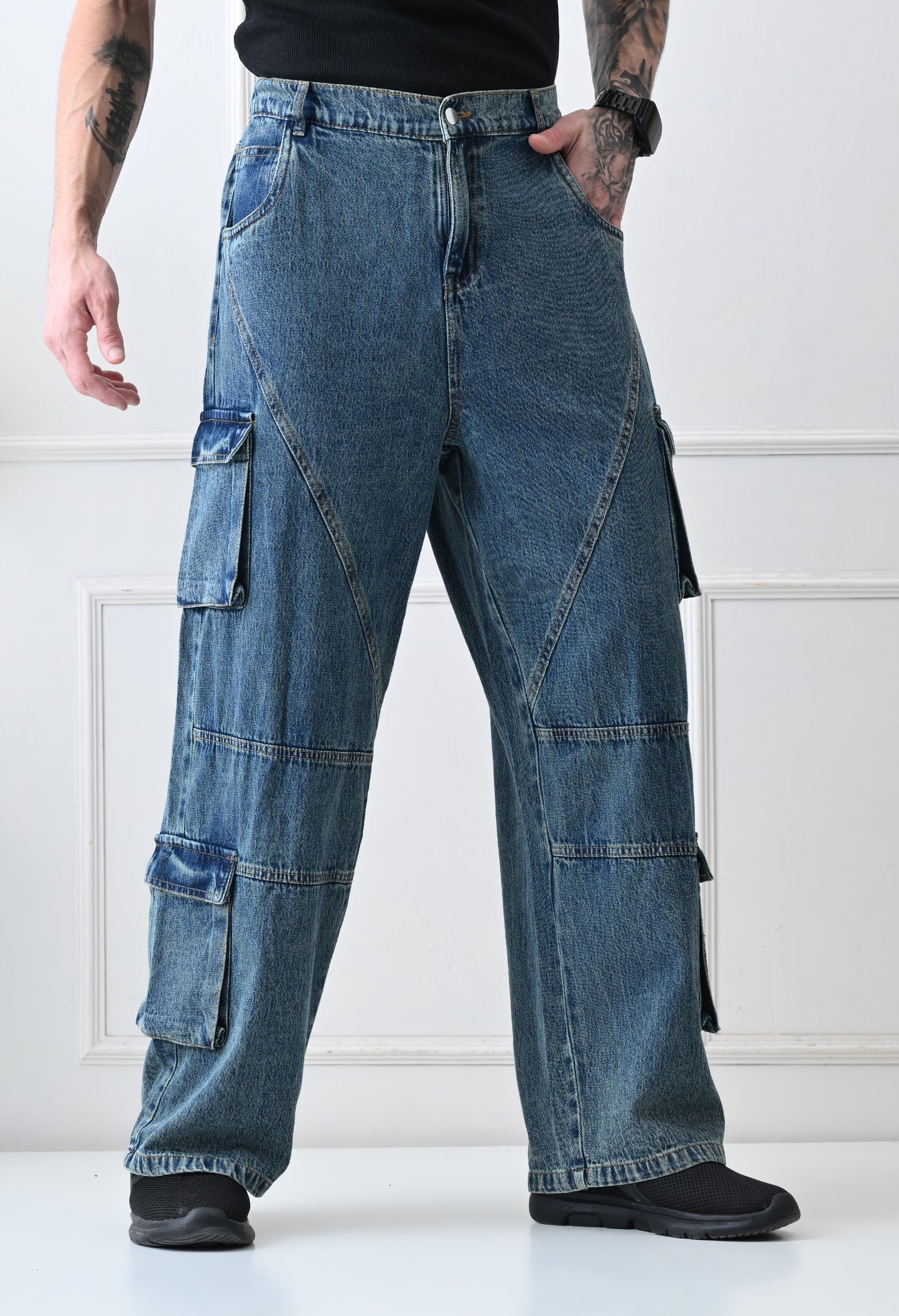 Panelled Cargo Wide-Leg Denim Jeans