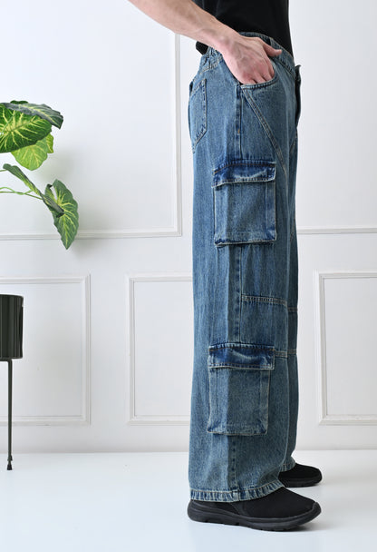 Panelled Cargo Wide-Leg Denim Jeans